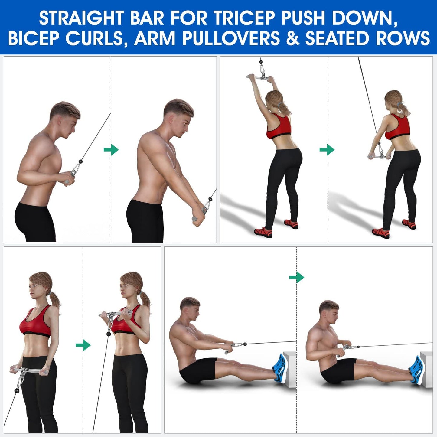 Cable Machine Attachment, Row Handles, Tricep Rope, Straight Bar, V Bar, LAT Pulldown Accessories Load 880 LB for Home Gym