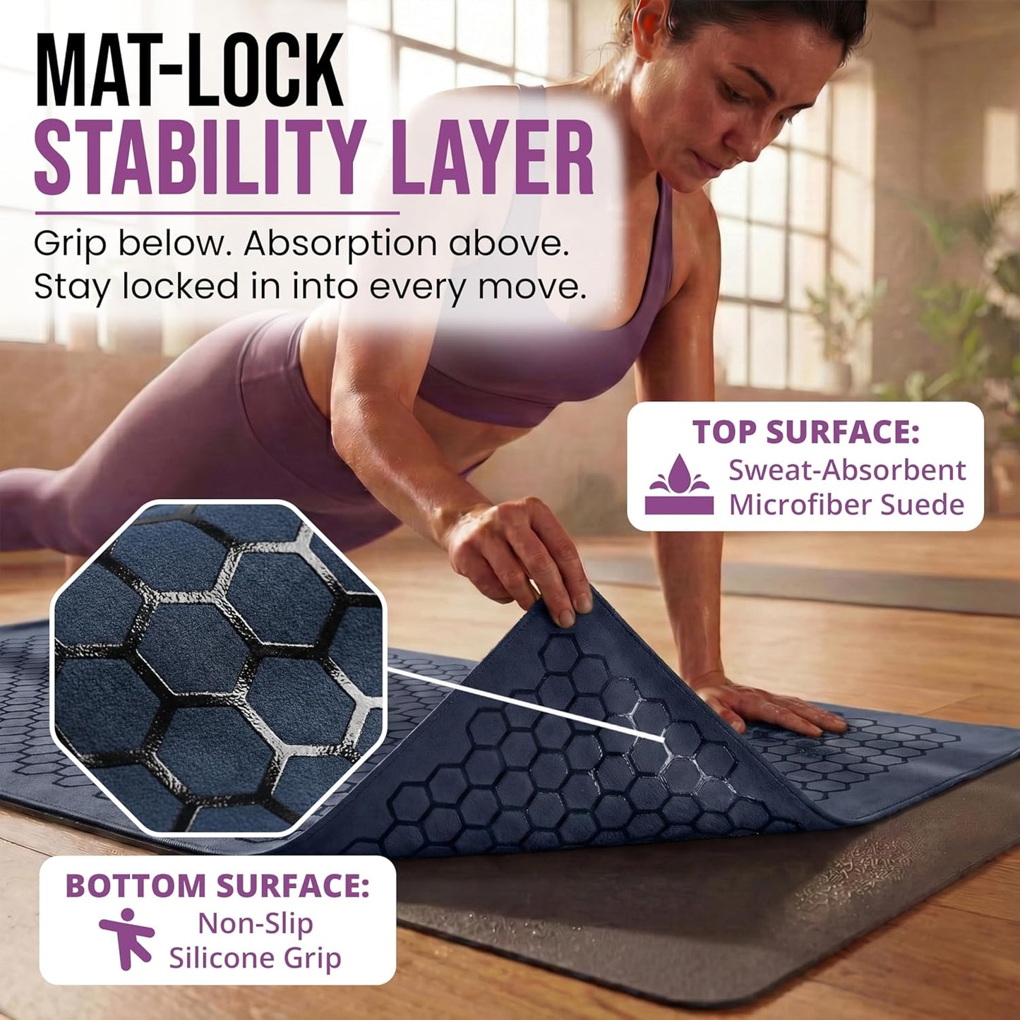 Hot Yoga Mat Towel – Non-Slip Grip for Hot Yoga, Sweat Absorbent, Honeycomb Silicone Grip, Stays Flat – Ideal for Pilates, Travel, Washable & Lightweight - Dark Blue